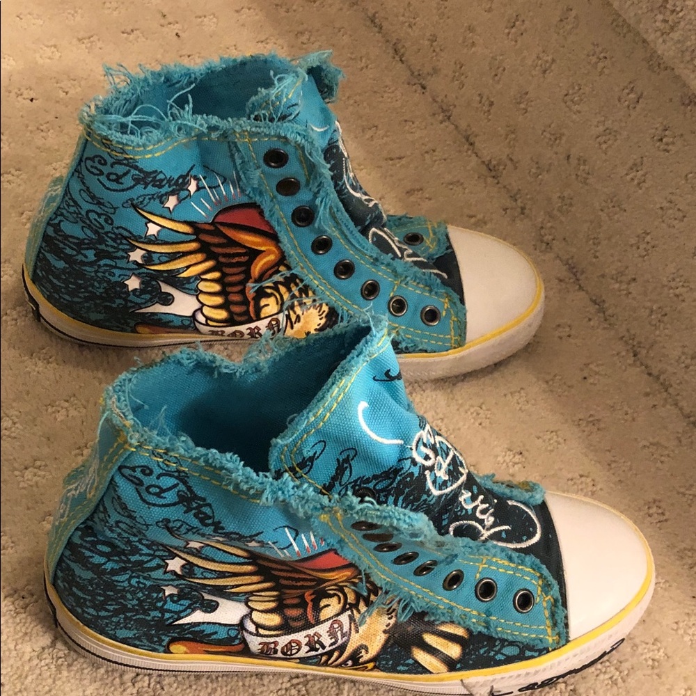 Ed Hardy  Teal High-Top “Hidden message”Sneakers Graphic Design RARE,Vintage, 7